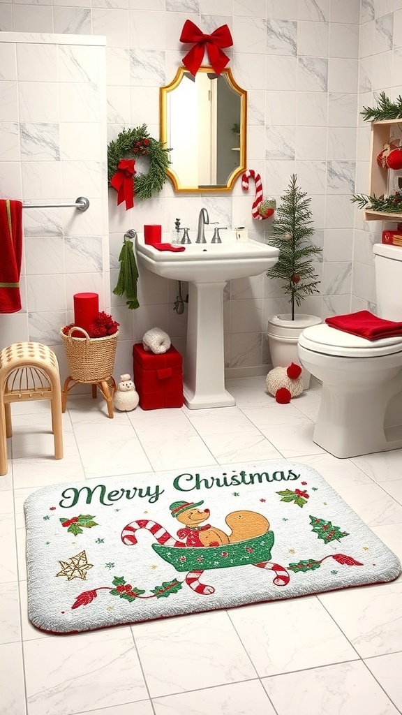 A Christmas-themed bathroom rug featuring a squirrel in a sleigh with the words 'Merry Christmas'.