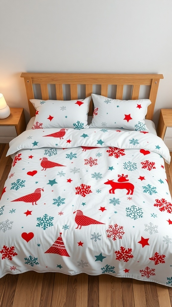 A festive bedspread featuring red and teal Christmas designs including snowflakes, birds, and stars.