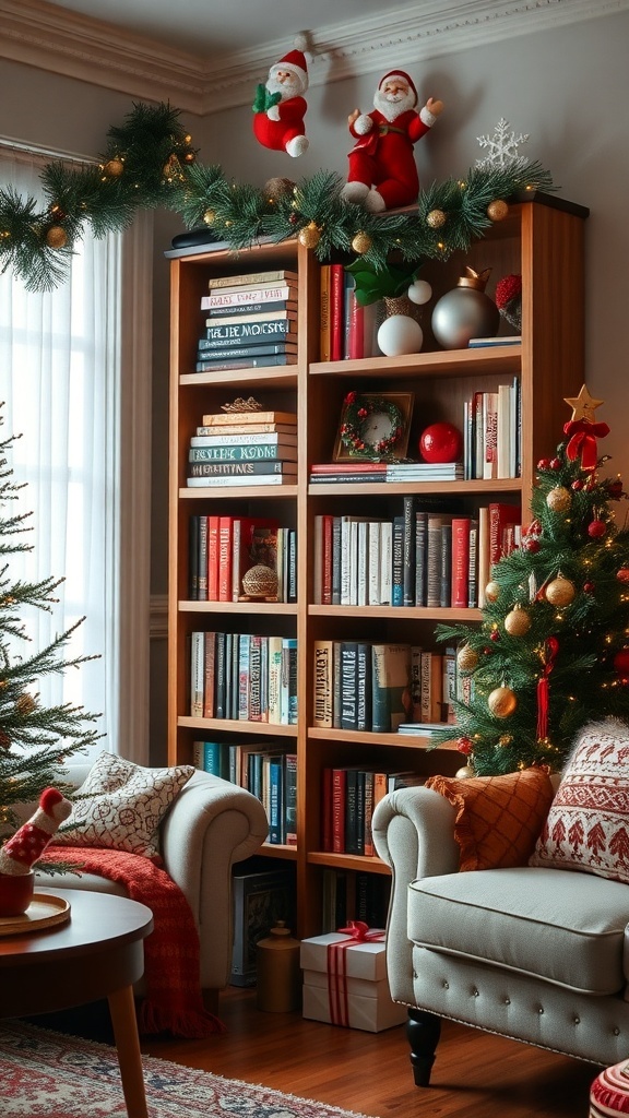 A beautifully decorated bookshelf for Christmas with garlands, ornaments, and holiday-themed books.