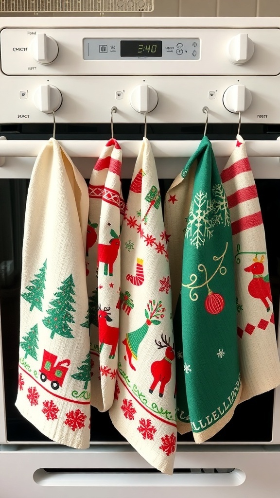 A collection of colorful Christmas-themed dish towels hanging on an oven.