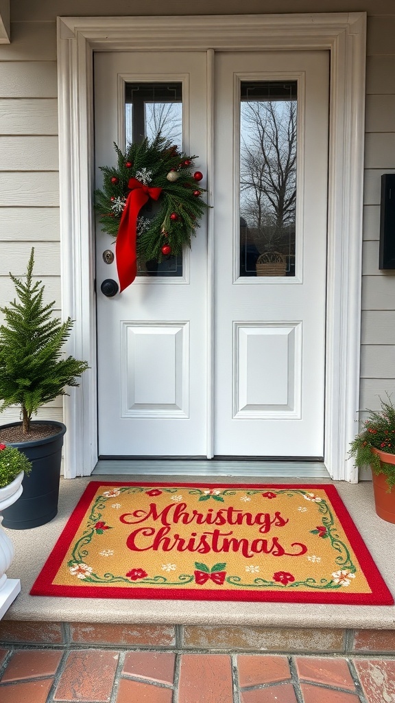 A festive Christmas door mat with the text 'Mhristings Christmas' surrounded by flowers and bows, placed on a porch with a wreath on the door.