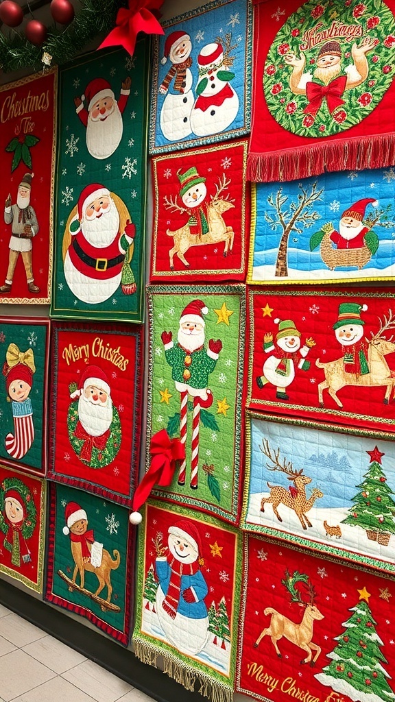 Colorful Christmas-themed fabric wall hangings featuring Santa, snowmen, and reindeer.