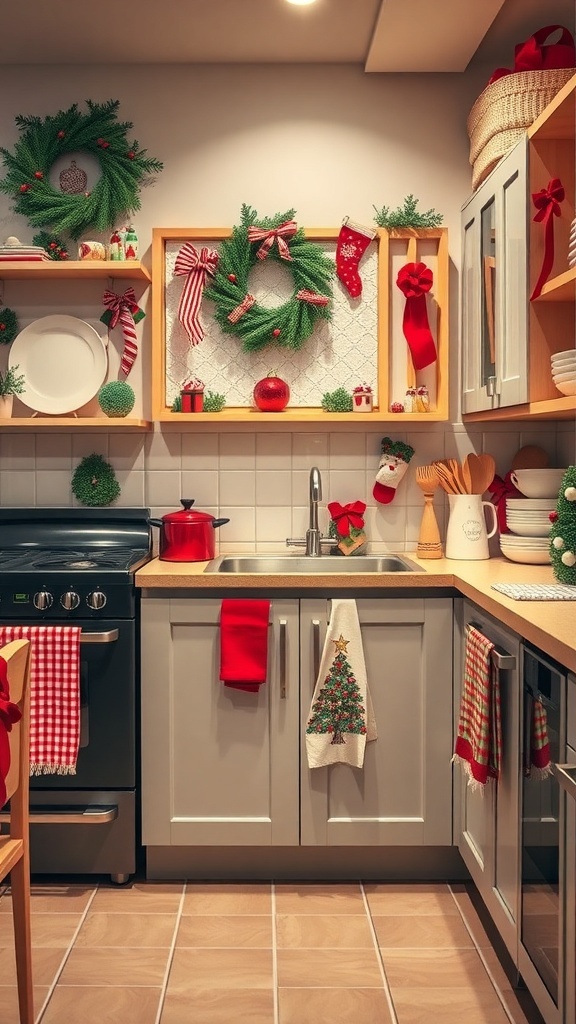 A cozy kitchen decorated for Christmas with wreaths, stockings, and festive dish towels.