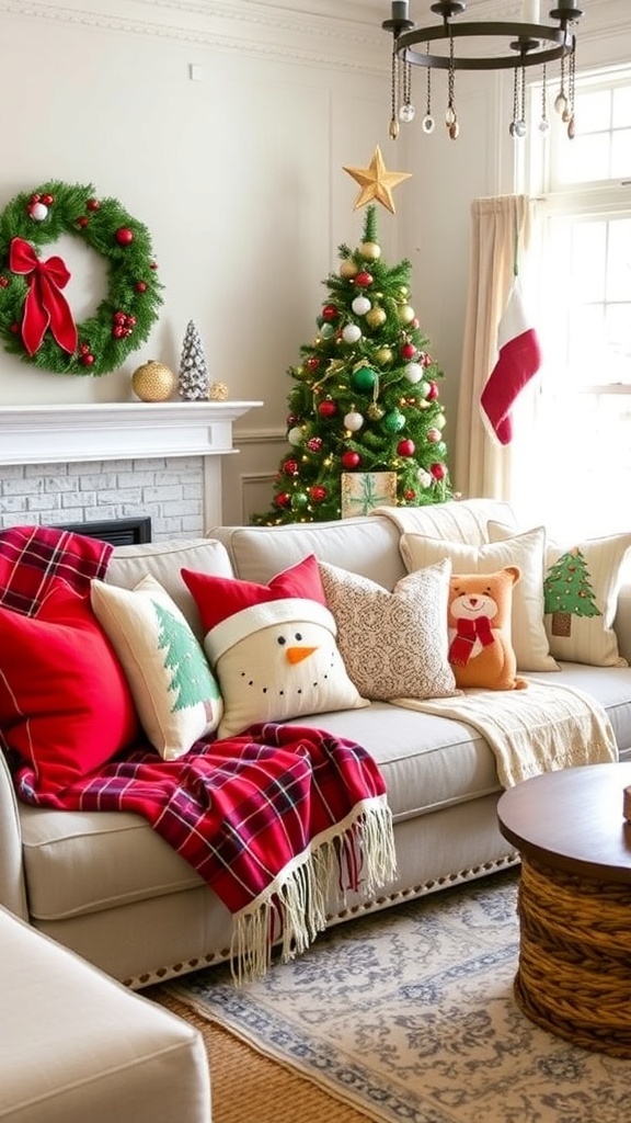 Cozy living room with Christmas-themed pillows and throws on a sofa.