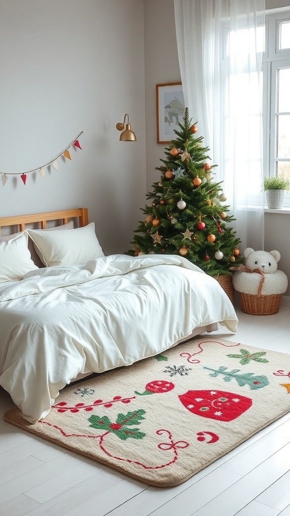 A cozy bedroom with a Christmas-themed rug featuring festive designs, a bed, and a decorated Christmas tree.