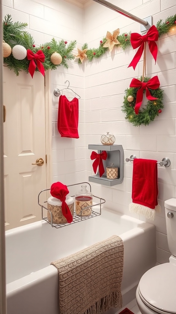 A beautifully decorated bathroom with Christmas-themed accessories, including red towels and festive garlands.