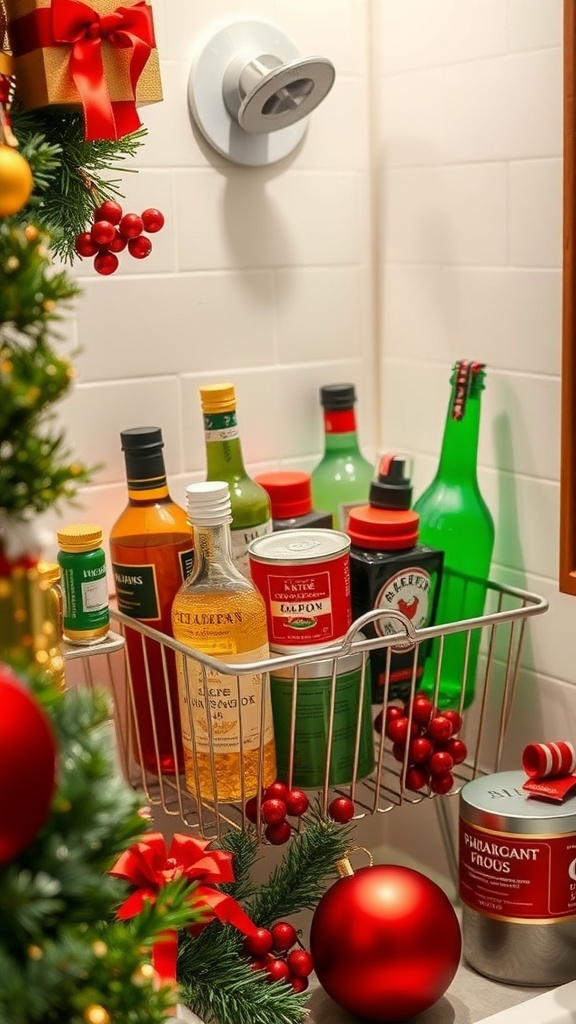 A shower caddy with Christmas-themed bottles and decorations.