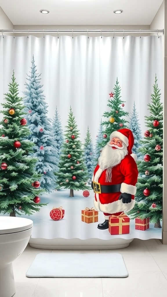 A Christmas-themed shower curtain featuring Santa Claus and decorated trees.