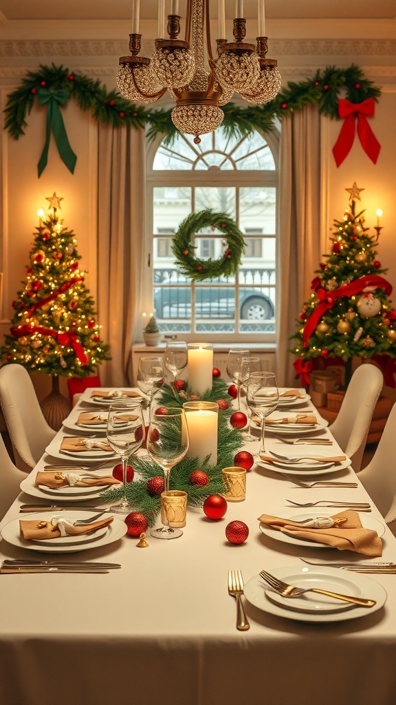 A beautifully decorated Christmas table setting with a garland, candles, and festive decorations.