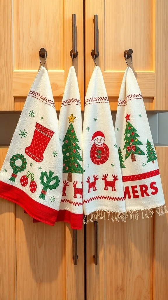 Four Christmas-themed tea towels hanging on kitchen cabinet handles, featuring festive designs.