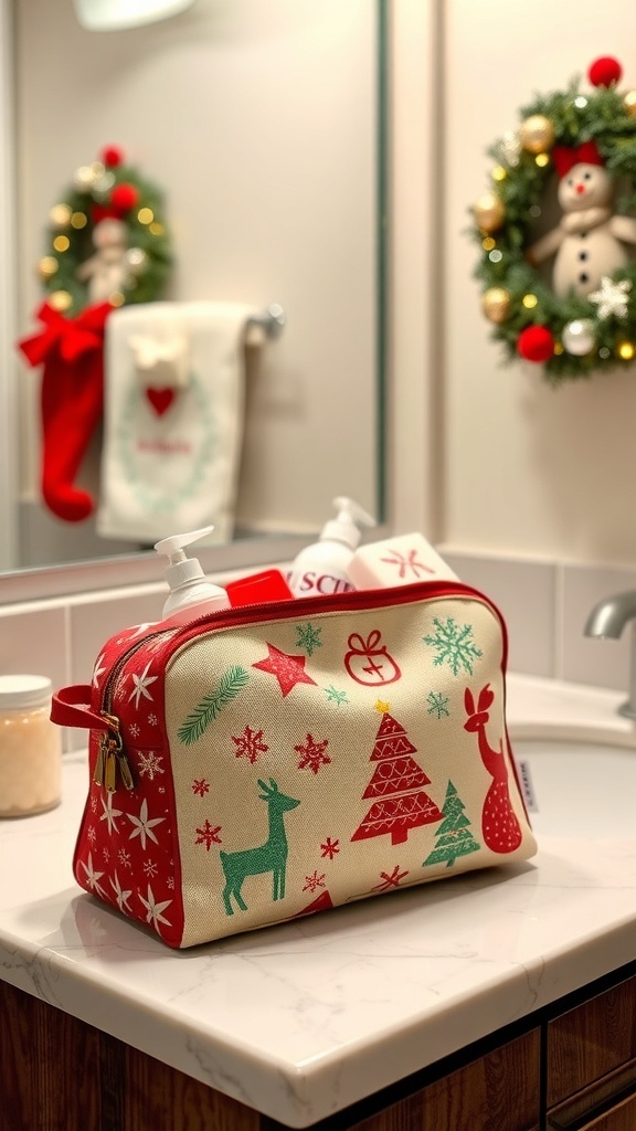 A Christmas-themed toiletry bag with festive designs on a bathroom counter.
