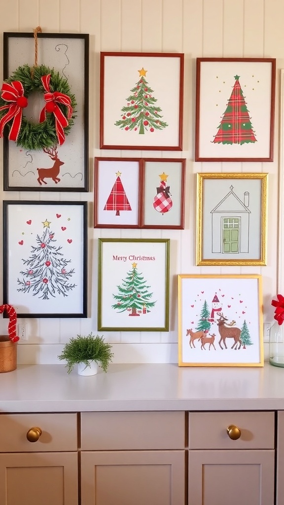 A collection of Christmas-themed wall art featuring snowmen, trees, and holiday messages.