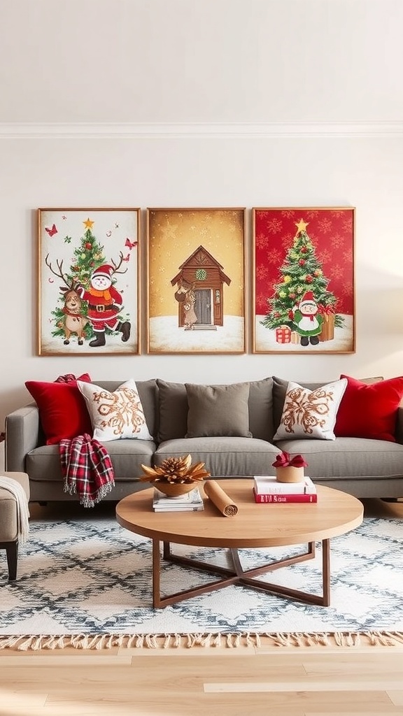 Cozy living room decorated for Christmas with wall art featuring Christmas trees and festive messages.
