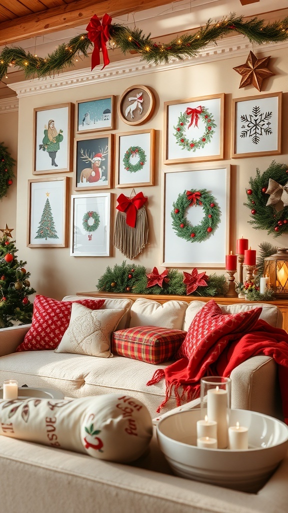 A cozy living room decorated with Christmas-themed wall art, including festive prints and wreaths.
