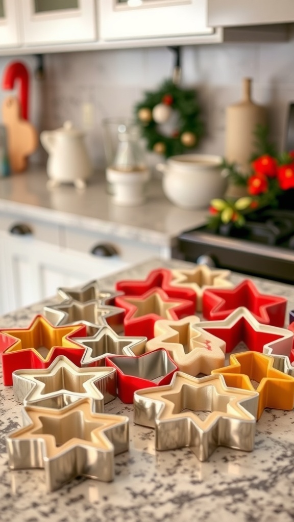 A collection of colorful star-shaped cookie cutters on a kitchen countertop, surrounded by festive decorations.