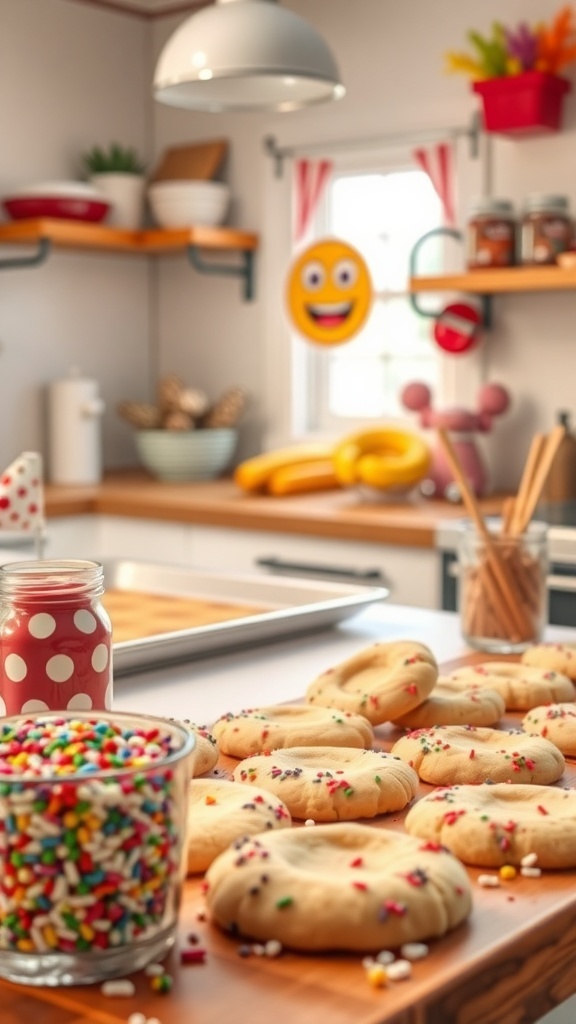 A cozy kitchen with a cookie decorating station featuring colorful sprinkles and freshly baked cookies.