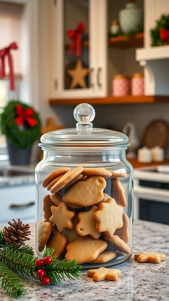 A glass jar filled with star and tree-shaped cookies, decorated with holiday greenery and a pinecone.