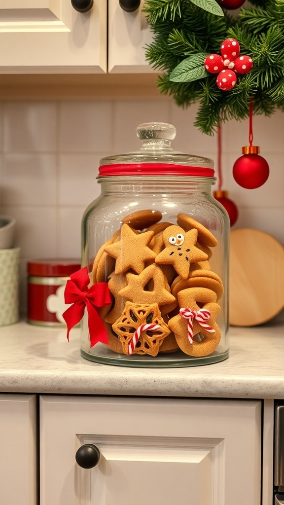 A glass cookie jar filled with gingerbread cookies, decorated with a red bow, placed on a kitchen counter.