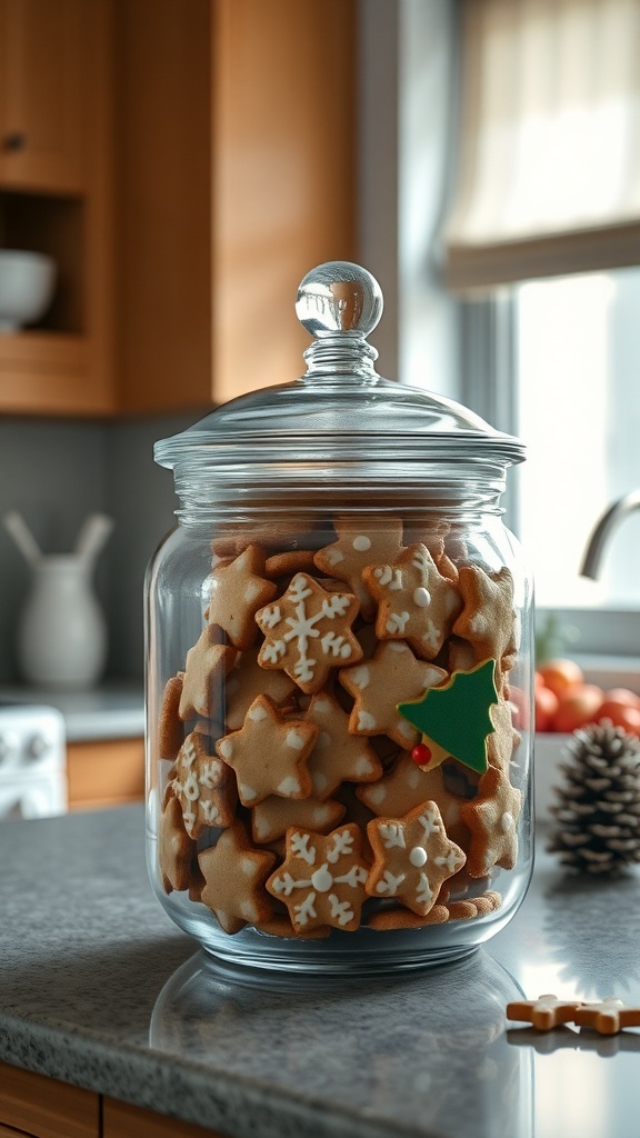 A glass cookie jar filled with decorated Christmas cookies on a kitchen countertop.