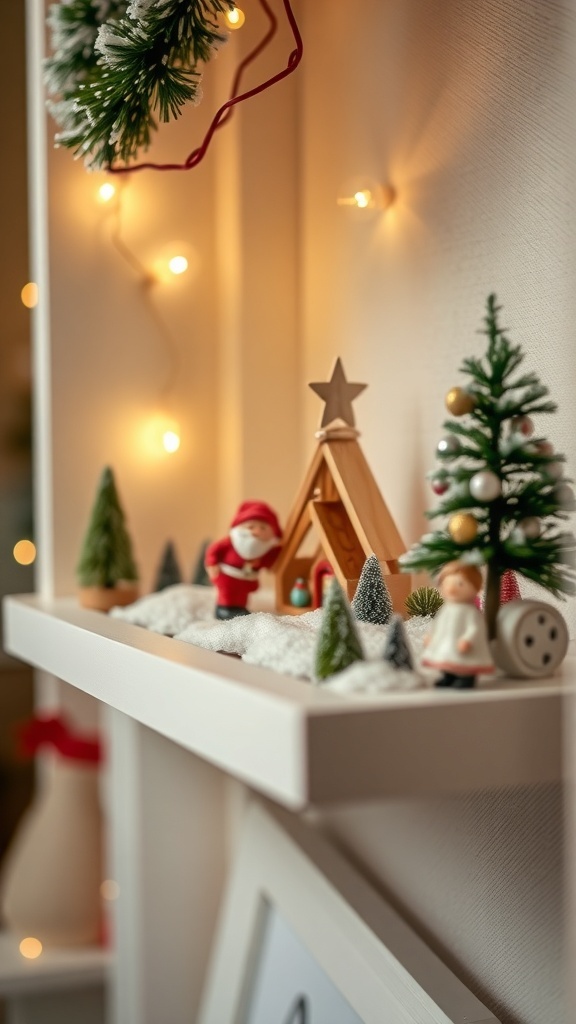 A festive Christmas fairy garden with miniature trees, Santa figure, and decorative lights.