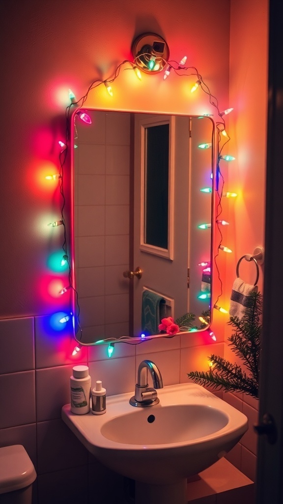 A bathroom decorated with colorful Christmas lights around a mirror.