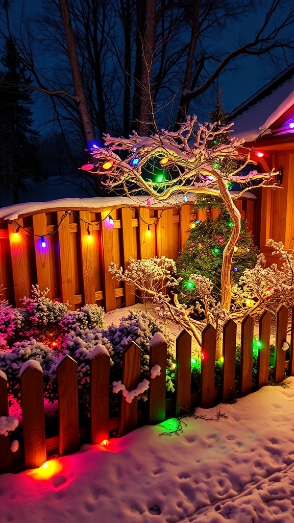 A garden decorated with colorful Christmas lights in the snow.