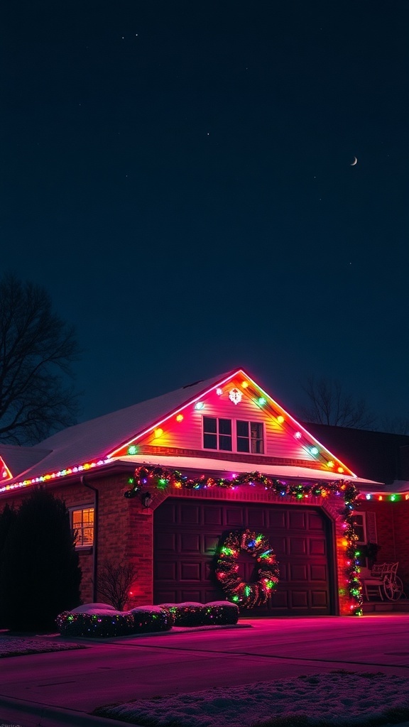 A house decorated with colorful Christmas lights on the roof and a wreath on the garage door.