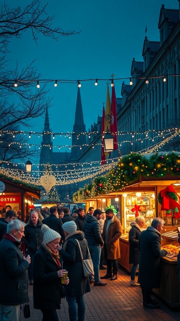 A bustling Christmas market with festive lights and people enjoying the holiday spirit.