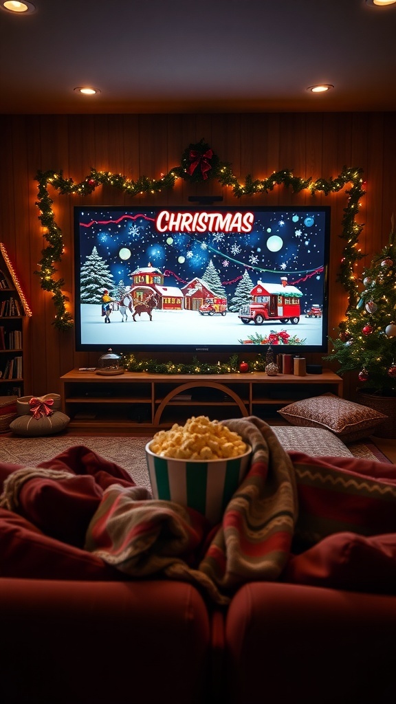 A cozy living room setup for a Christmas movie marathon, featuring a TV with a festive scene, popcorn, and warm blankets.