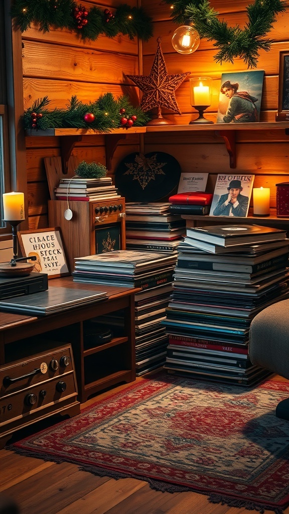 A cozy Christmas music corner featuring a record player, vinyls, a decorated tree, and wrapped gifts.
