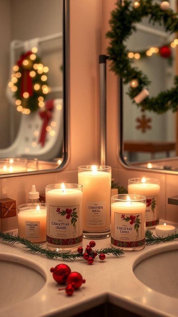 A beautifully decorated bathroom with Christmas candles and a wreath.