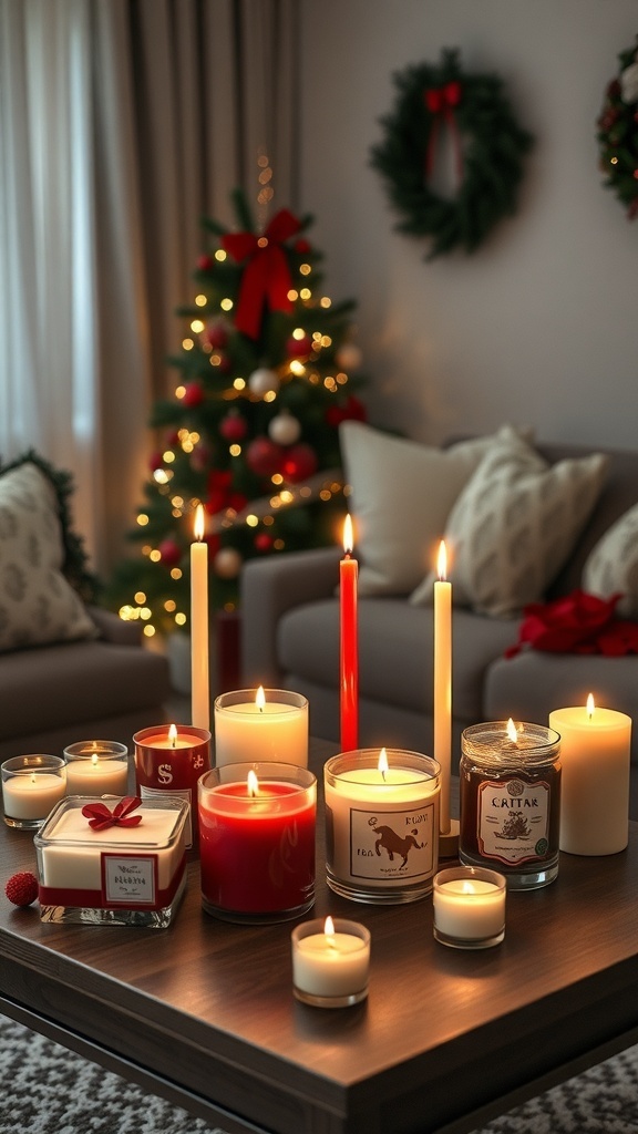 A cozy living room decorated for Christmas with various scented candles on a table and a Christmas tree in the background.