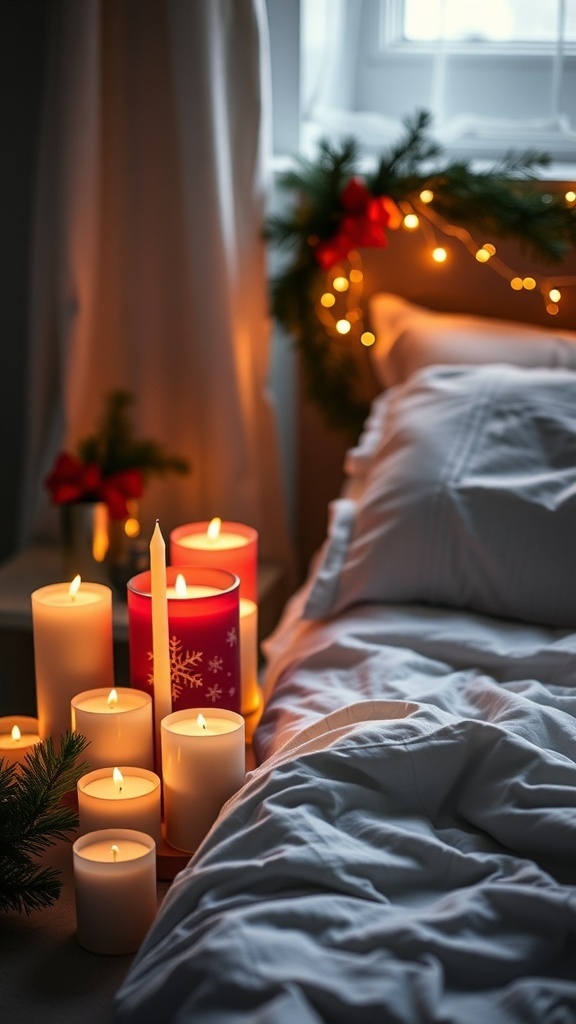 A cozy bedroom with lit Christmas scented candles and festive decorations.