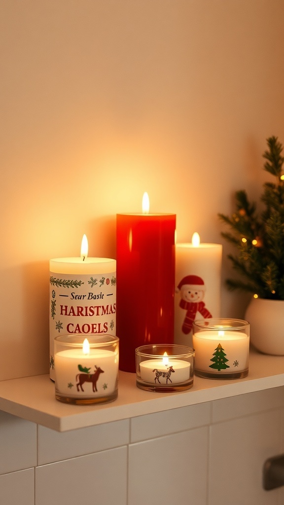 A collection of Christmas scented candles on a bathroom shelf, featuring festive designs.