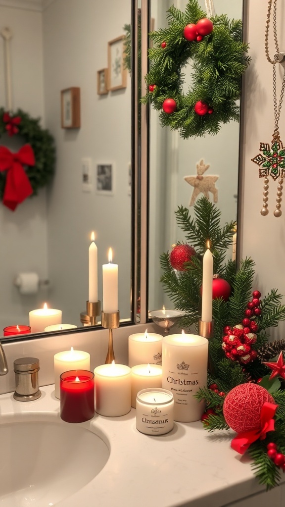 A beautifully decorated bathroom with Christmas scented candles and festive decor.