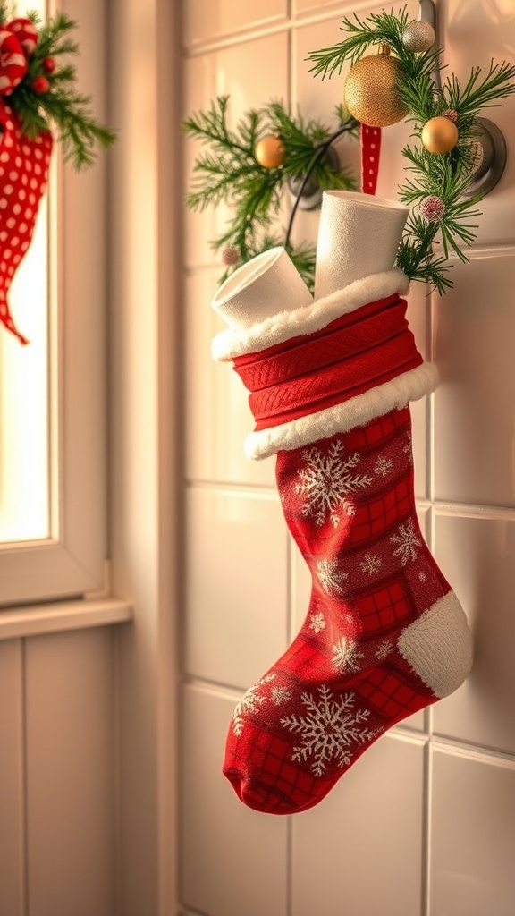 A red Christmas stocking filled with rolled towels and small gifts, decorated with snowflakes and greenery.