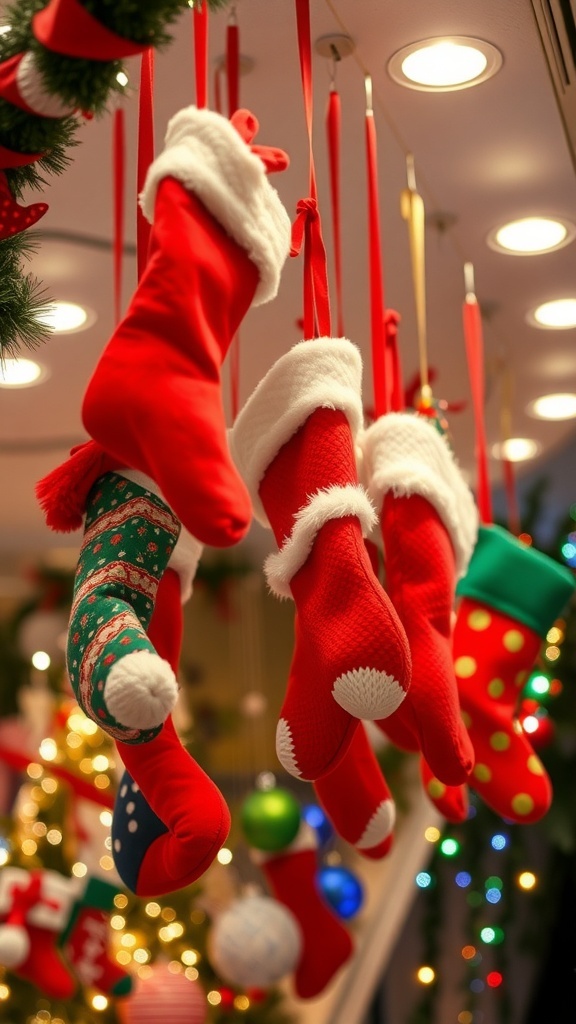 Colorful Christmas stockings hanging from the ceiling with festive decorations in the background.