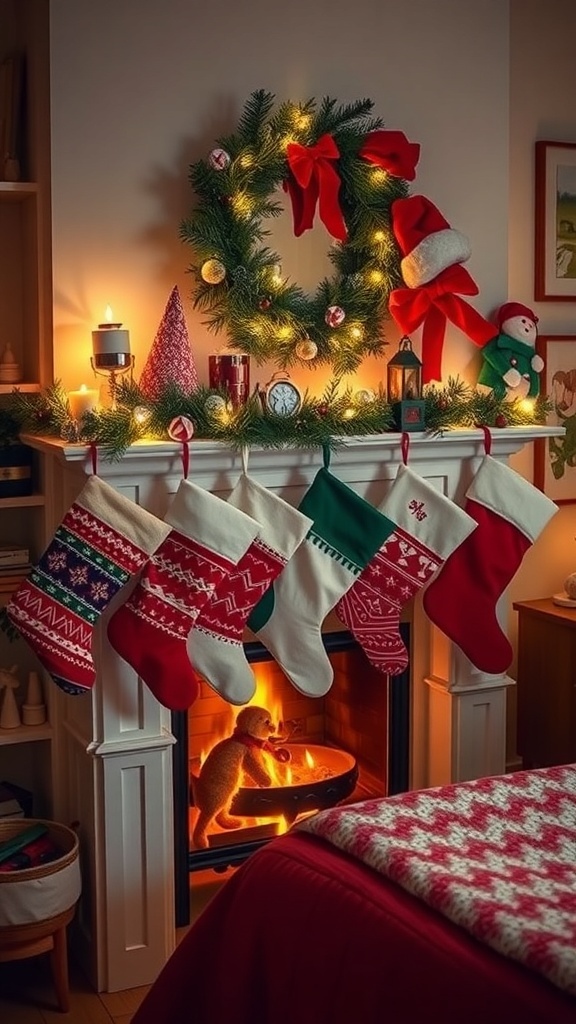A cozy bedroom decorated for Christmas with colorful stockings hanging by the fireplace.
