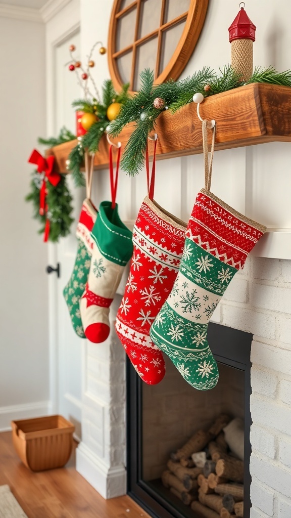 Colorful Christmas stockings hanging on a wooden mantel decorated with greenery and ornaments.