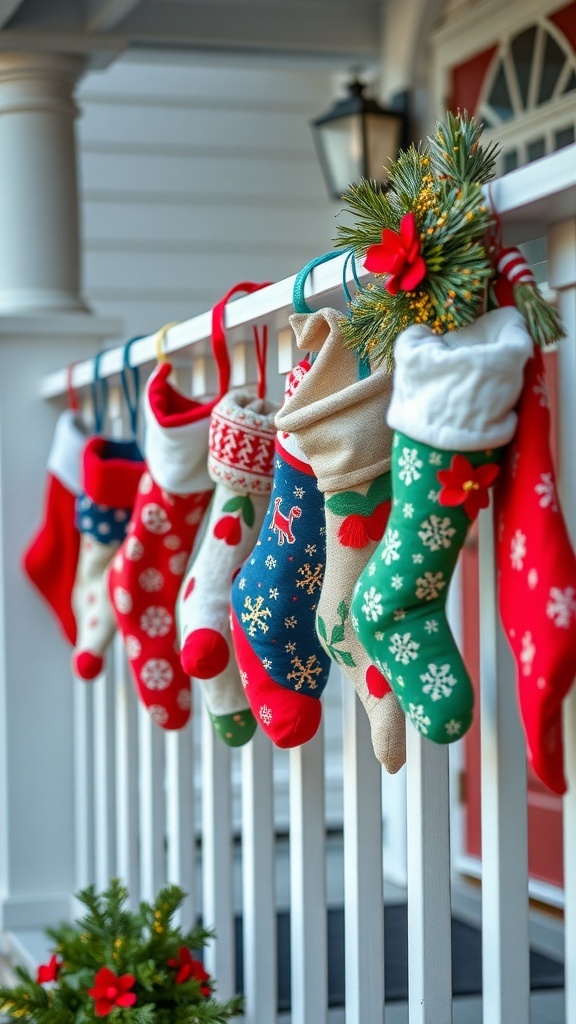 Colorful Christmas stockings hanging on a porch railing with festive decorations.