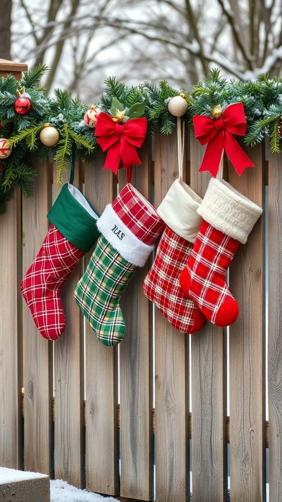 Colorful Christmas stockings hanging on a wooden fence, decorated with a garland and bows.