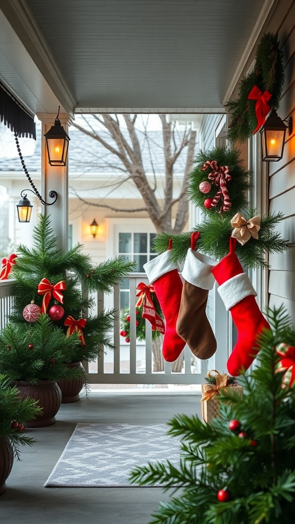 A cozy porch decorated with Christmas stockings, greenery, and festive ornaments.