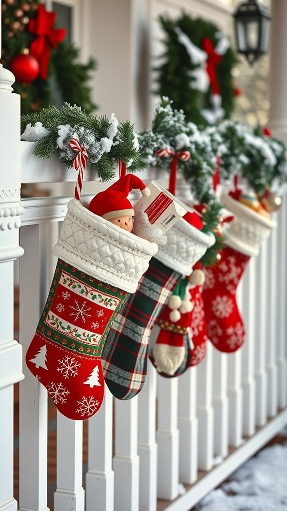 Colorful Christmas stockings hanging on a porch railing with festive decorations.
