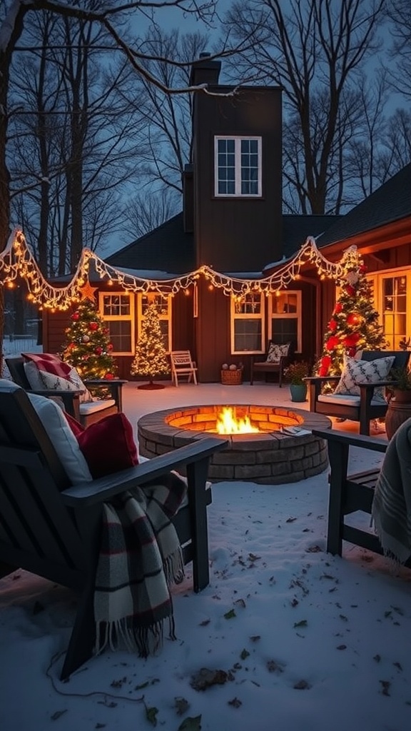 A cozy outdoor fire pit area decorated for Christmas with string lights and festive trees.