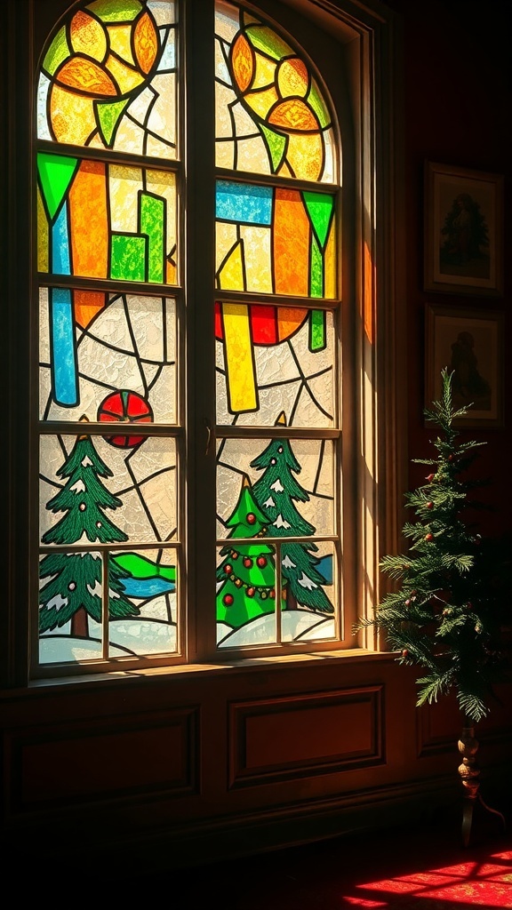 Stained glass window with Christmas trees and colorful designs