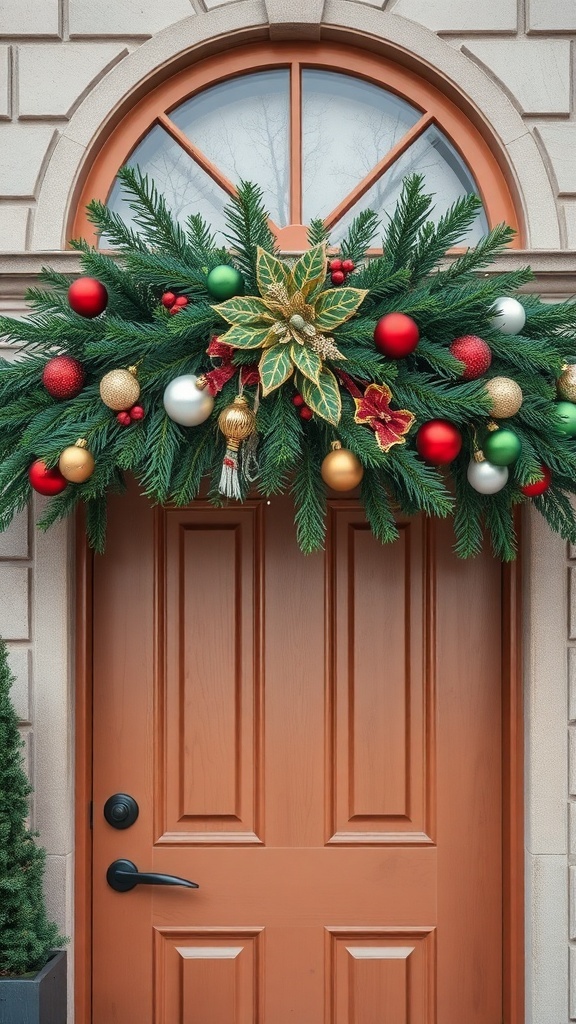 A beautifully decorated door with a Christmas tree branch swag featuring red, gold, and green ornaments.