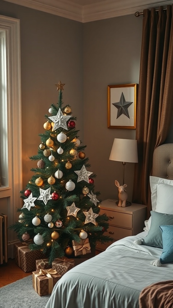 A beautifully decorated Christmas tree in a bedroom corner with gifts underneath.