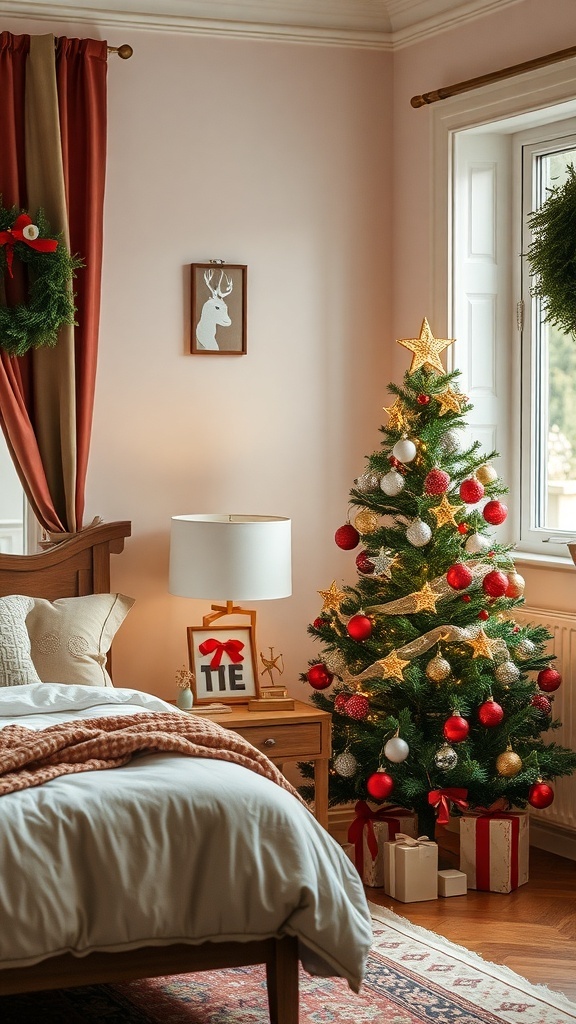 A beautifully decorated Christmas tree in a bedroom corner with warm lighting.