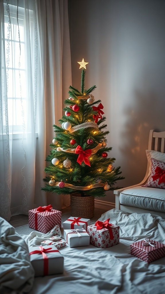 A beautifully decorated Christmas tree in a bedroom corner with presents underneath.