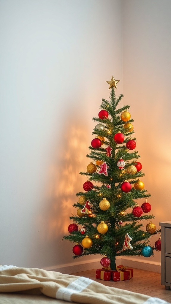 A small Christmas tree decorated with colorful ornaments in a cozy bedroom setting.